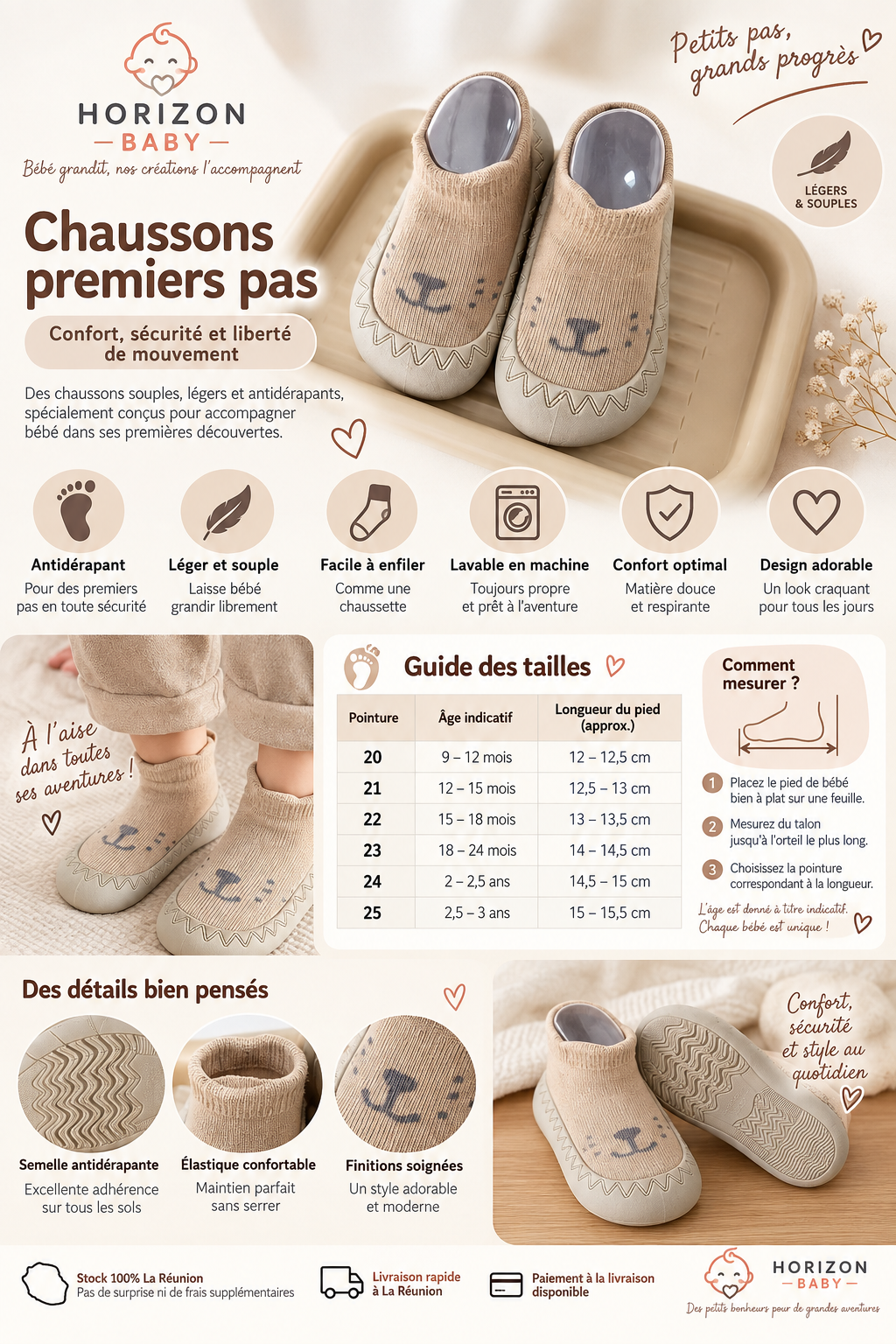 👣 Chaussons antidérapants bébé – Premiers pas